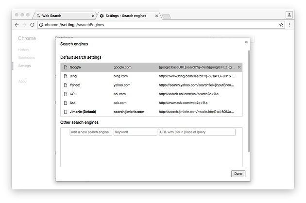 restore chrome search engine